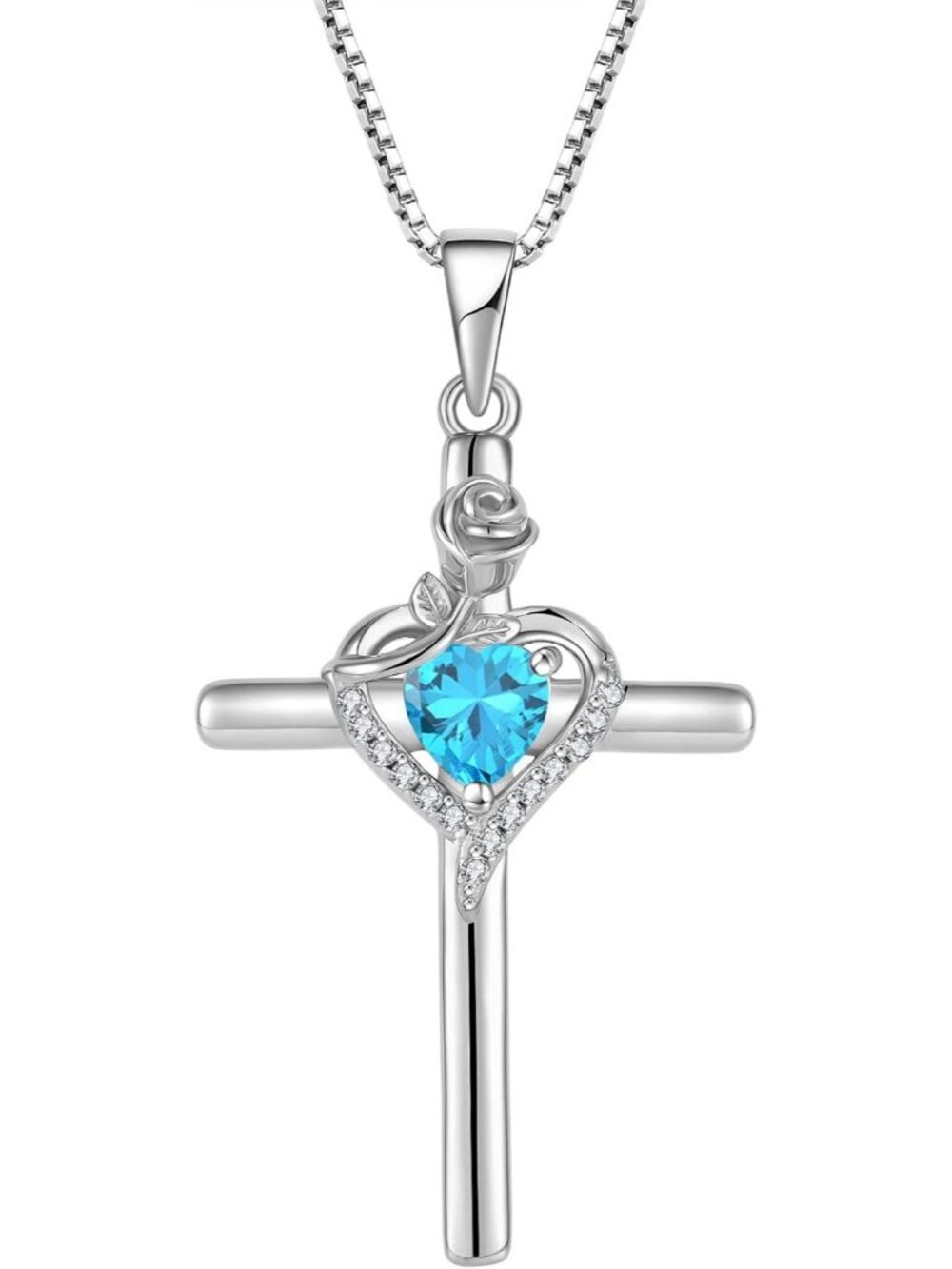 Women’s Blue 925 Sterling Silver Cross Rose Flower Birthstone Stylish Necklaces